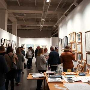 Visitors exploring the Joe Tonelli art exhibit