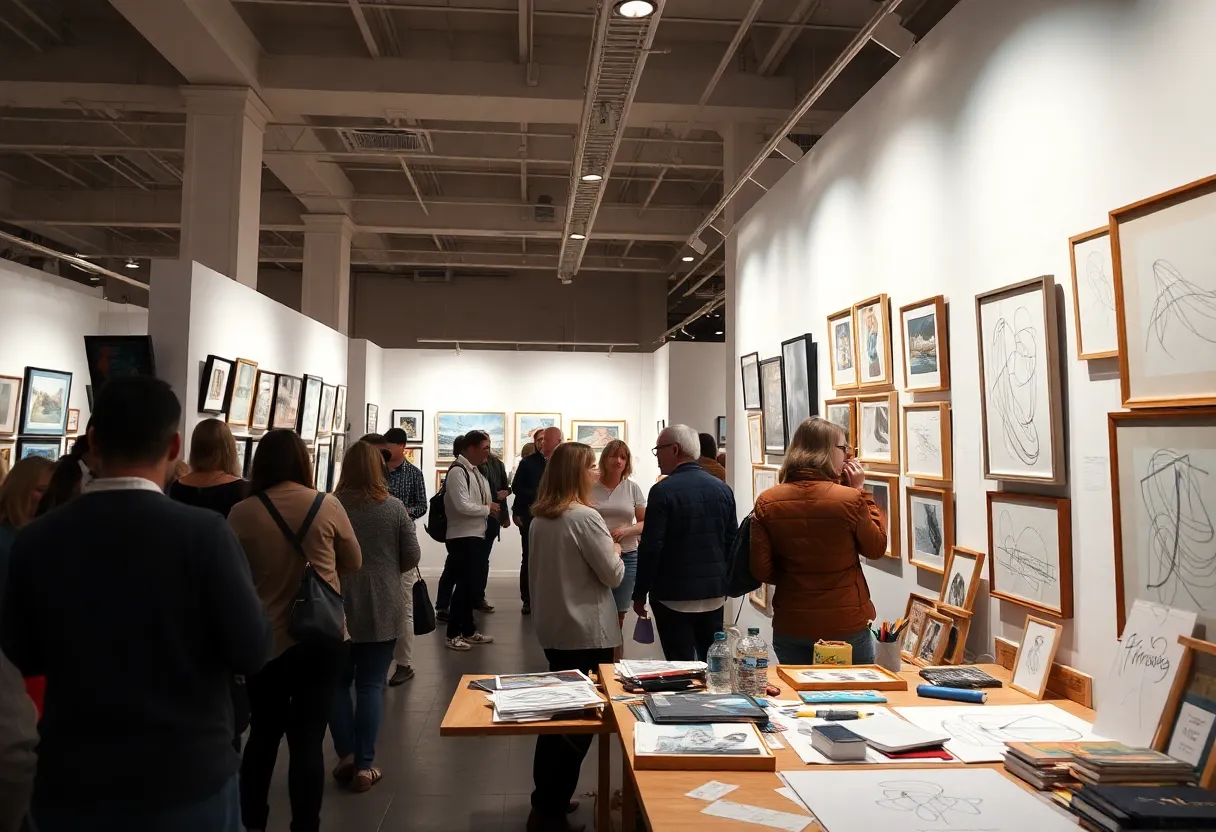 Visitors exploring the Joe Tonelli art exhibit