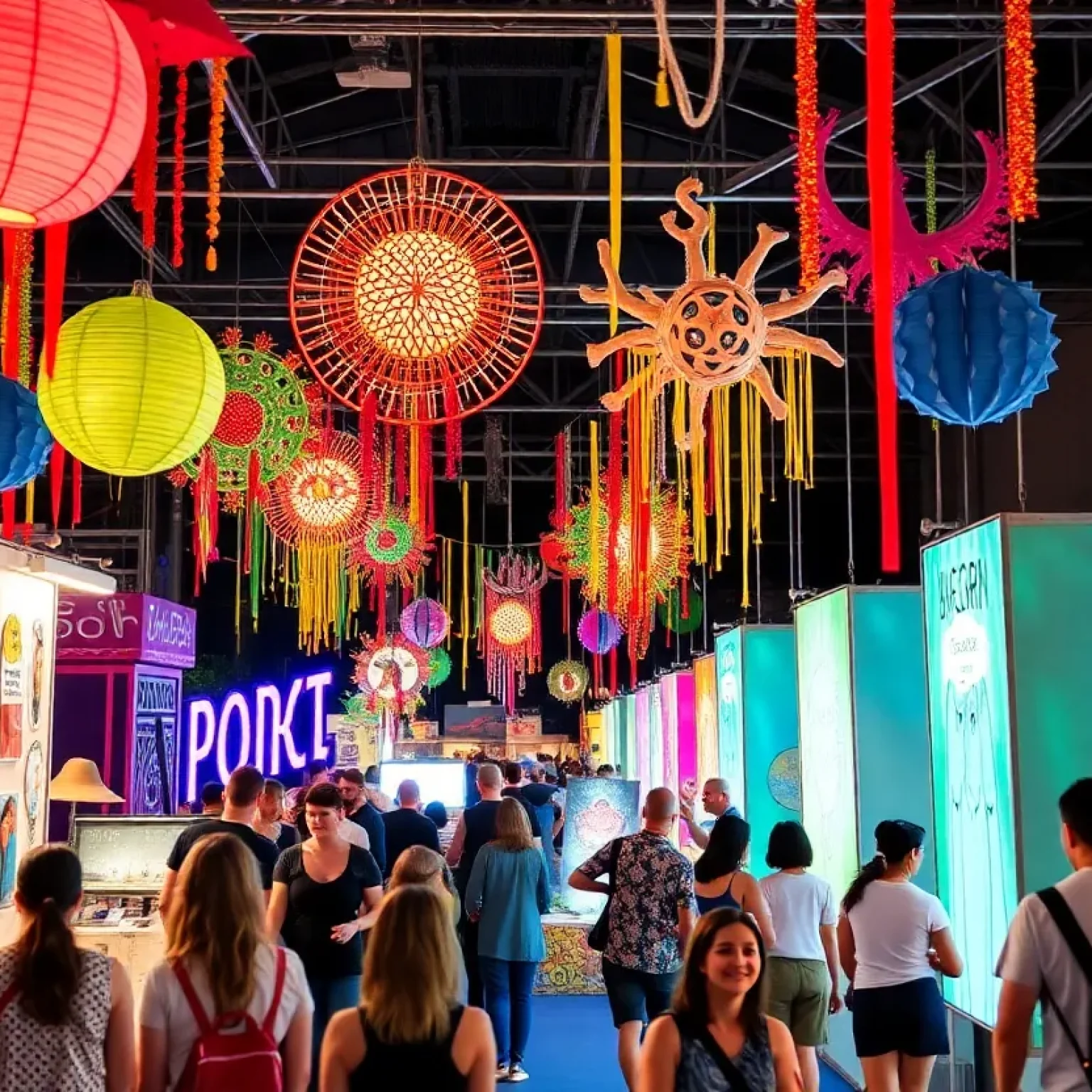 A colorful scene from the Love Burn Festival featuring art installations and festival-goers engaging with the exhibits.