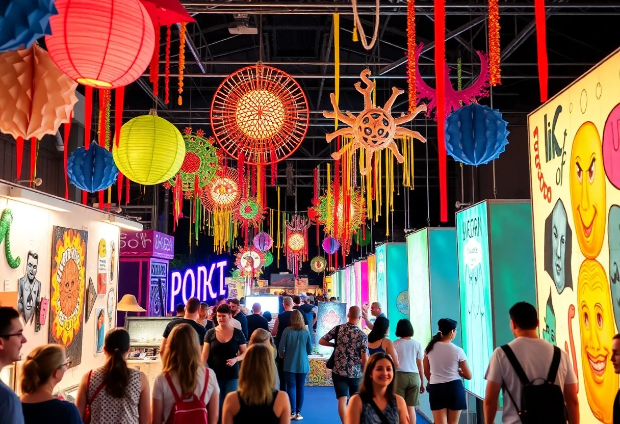 A colorful scene from the Love Burn Festival featuring art installations and festival-goers engaging with the exhibits.