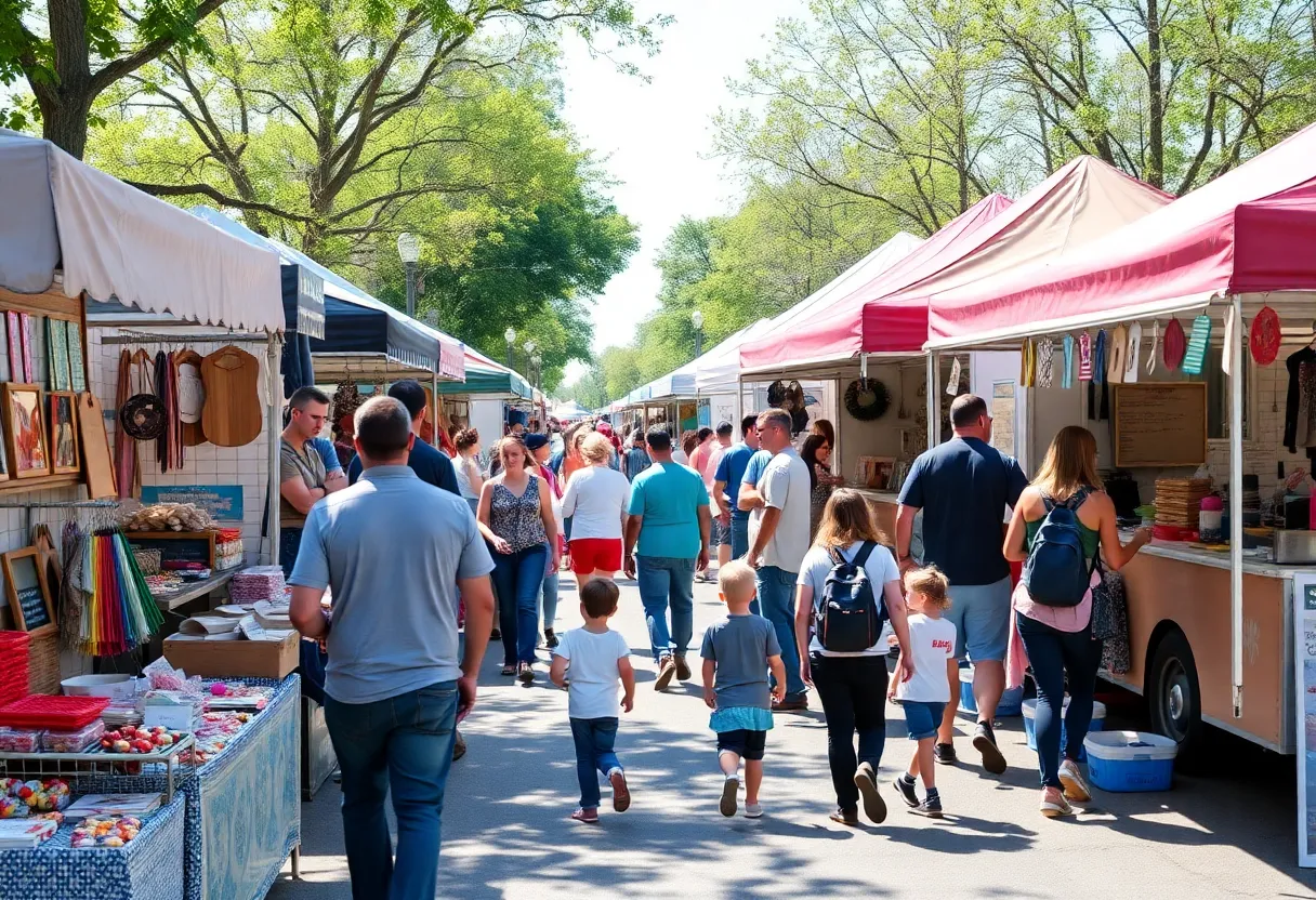 Families enjoying the Midtown Vendor Fair with stalls and food trucks