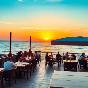 Outdoor dining at Perry's Porch coastal restaurant with sunset view