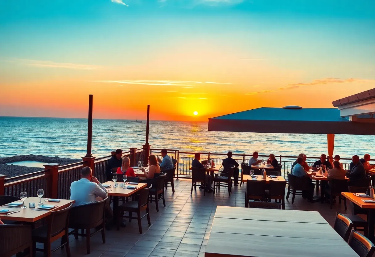 Outdoor dining at Perry's Porch coastal restaurant with sunset view