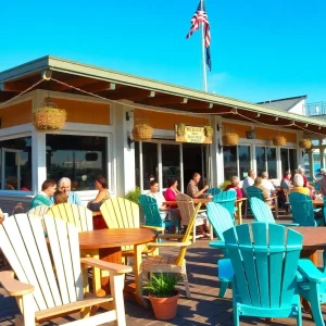 Outdoor seating at Perry's Porch in St. Petersburg, Florida, featuring Adirondack chairs by the water.