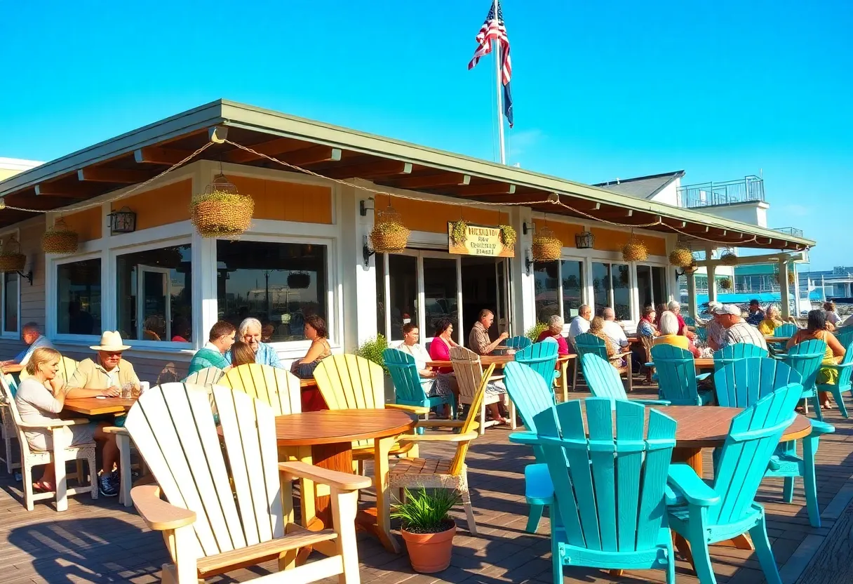 Outdoor seating at Perry's Porch in St. Petersburg, Florida, featuring Adirondack chairs by the water.