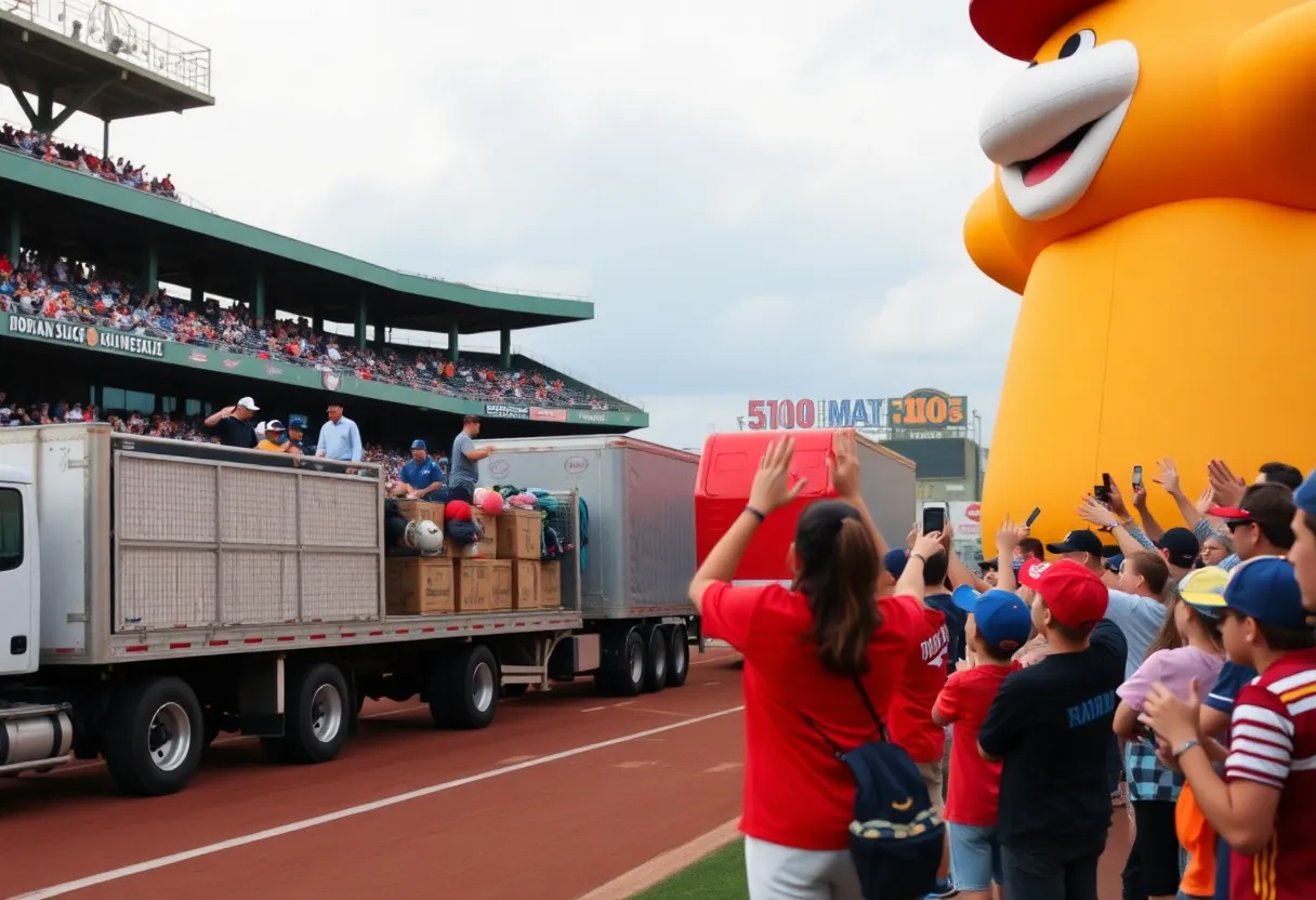 Crowd at Phillies Truck Day event with trailers loaded with baseball gear