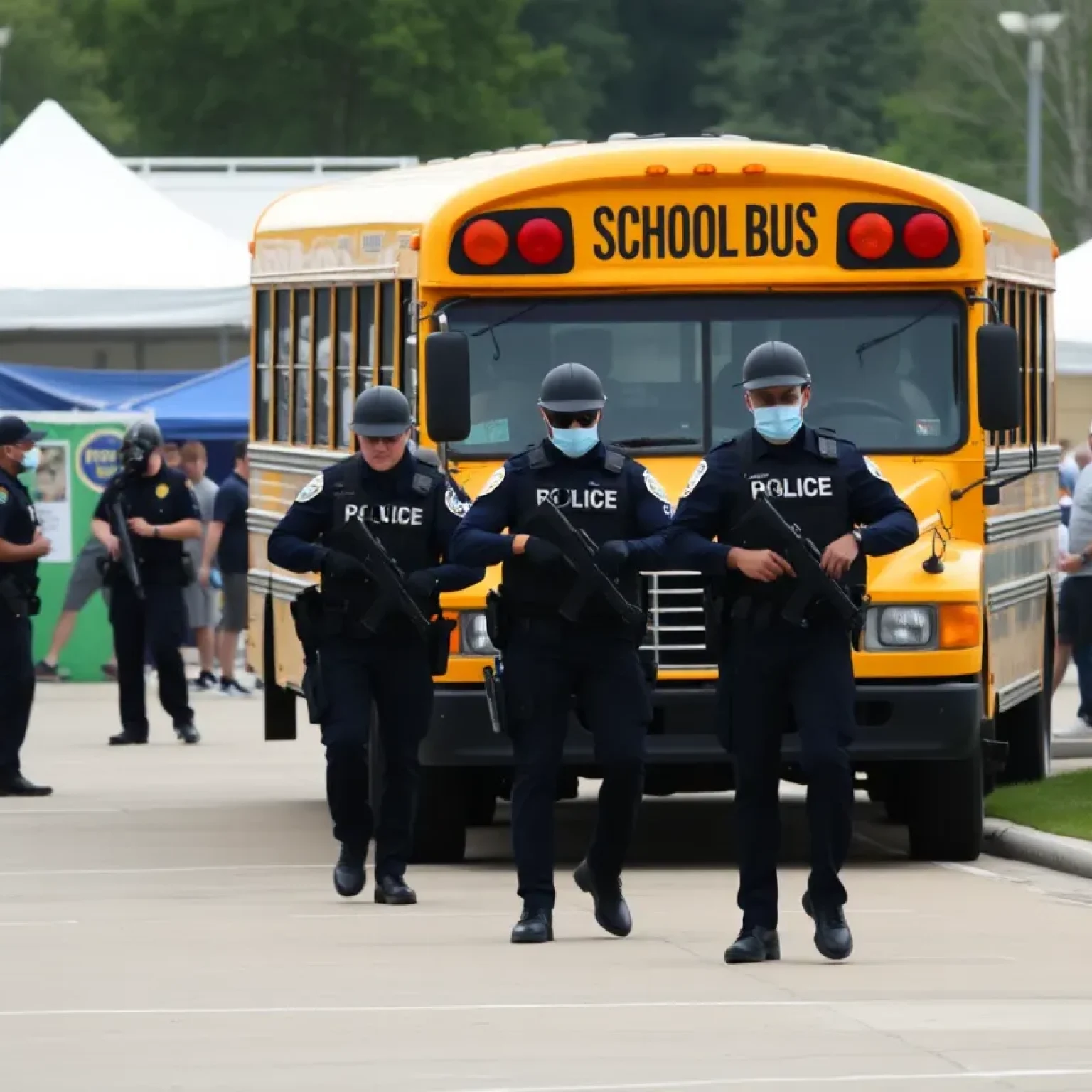 Law enforcement responding to an active assailant drill with a school bus.