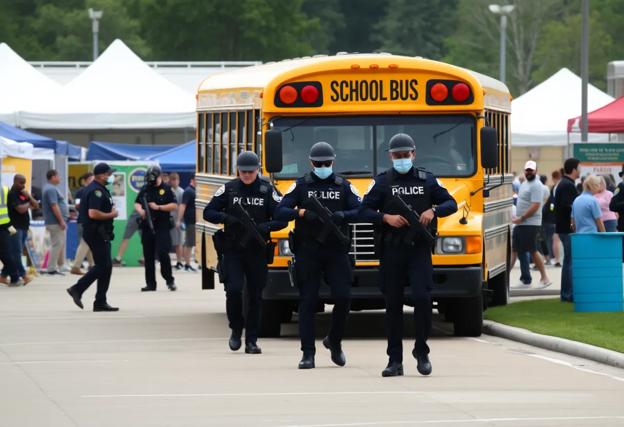 Law enforcement responding to an active assailant drill with a school bus.