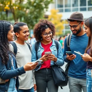 Students discussing ride-sharing app on campus