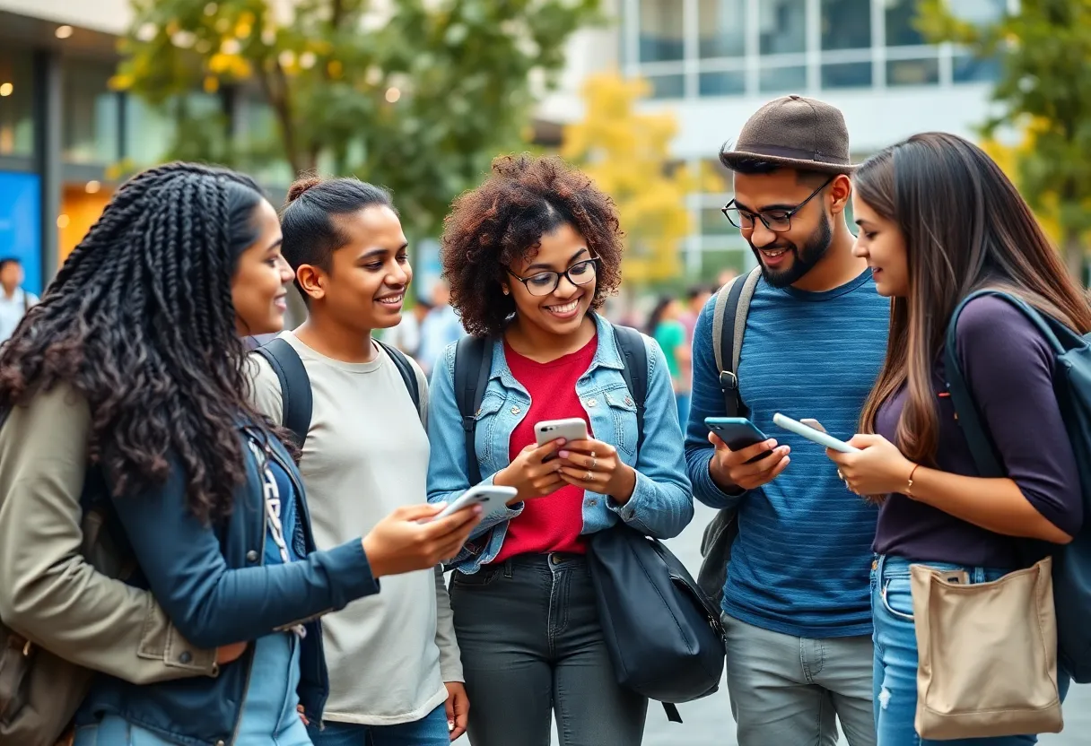 Students discussing ride-sharing app on campus