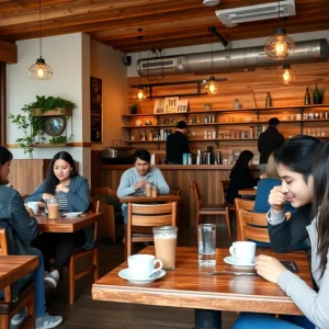 Interior of Seymour's café in downtown St. Petersburg with wooden furnishings.