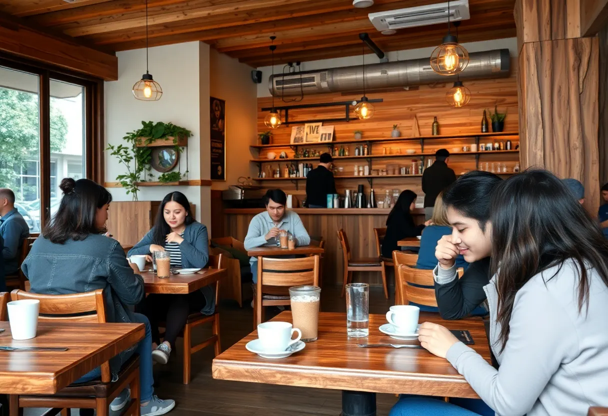 Interior of Seymour's café in downtown St. Petersburg with wooden furnishings.