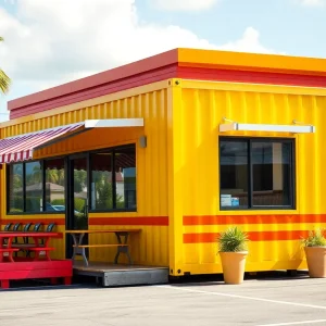 Exterior view of Smalls Sliders in St. Petersburg with outdoor seating and a shipping container design