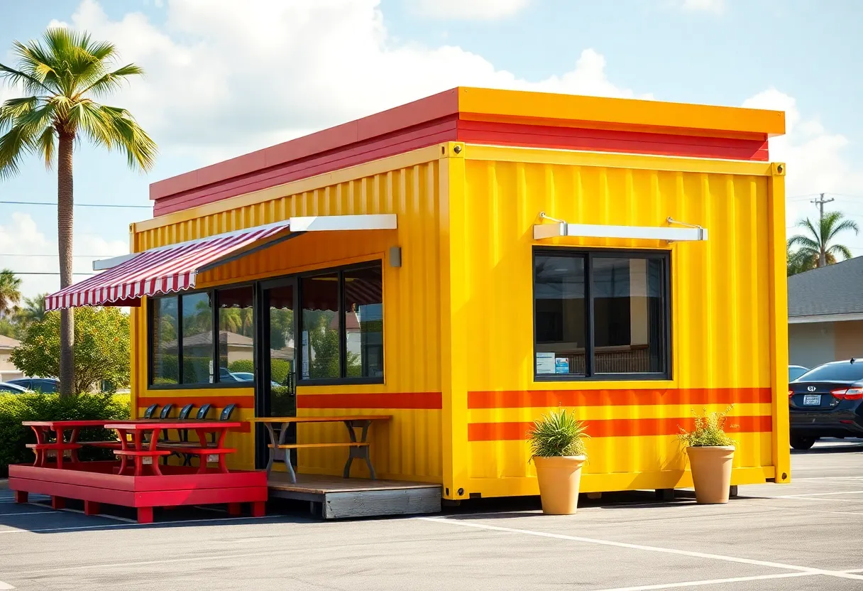 Exterior view of Smalls Sliders in St. Petersburg with outdoor seating and a shipping container design