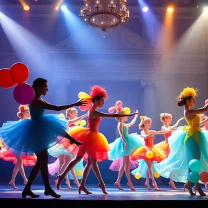 Dancers performing in a colorful theatrical setting with balloon sculptures.