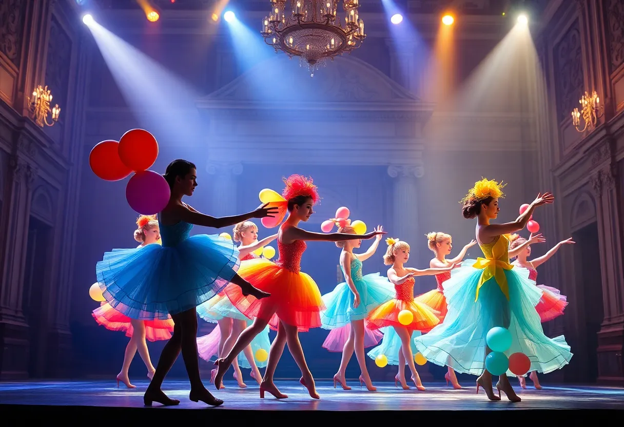 Dancers performing in a colorful theatrical setting with balloon sculptures.