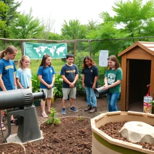 People engaging in composting activities at a community garden.