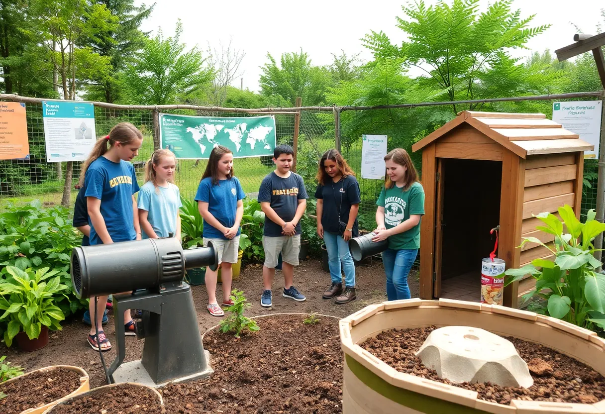 People engaging in composting activities at a community garden.