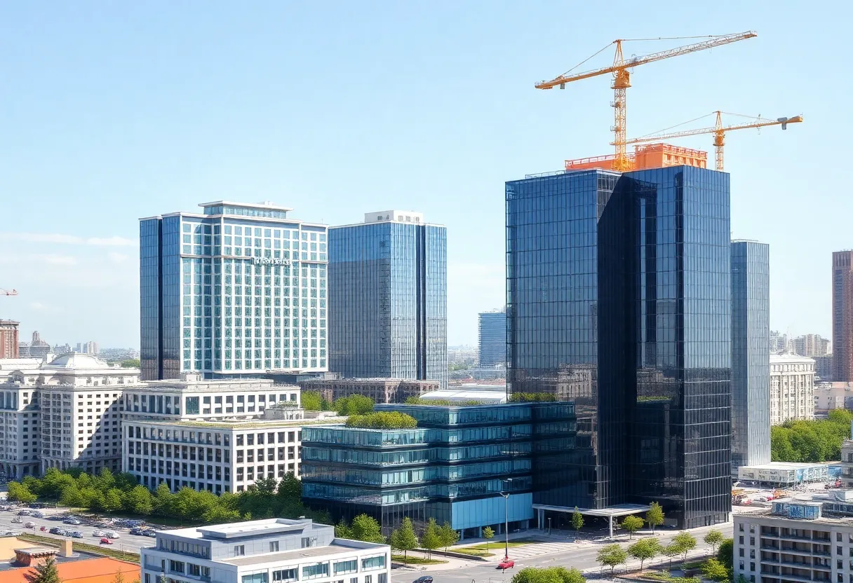 A futuristic cityscape of St. Petersburg with new construction buildings and green spaces