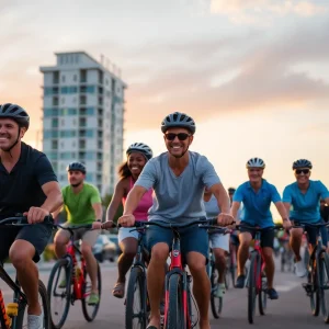 Group of diverse cyclists riding in St. Petersburg