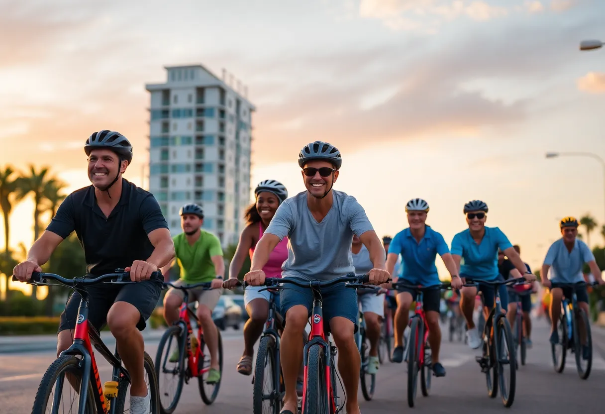 Group of diverse cyclists riding in St. Petersburg