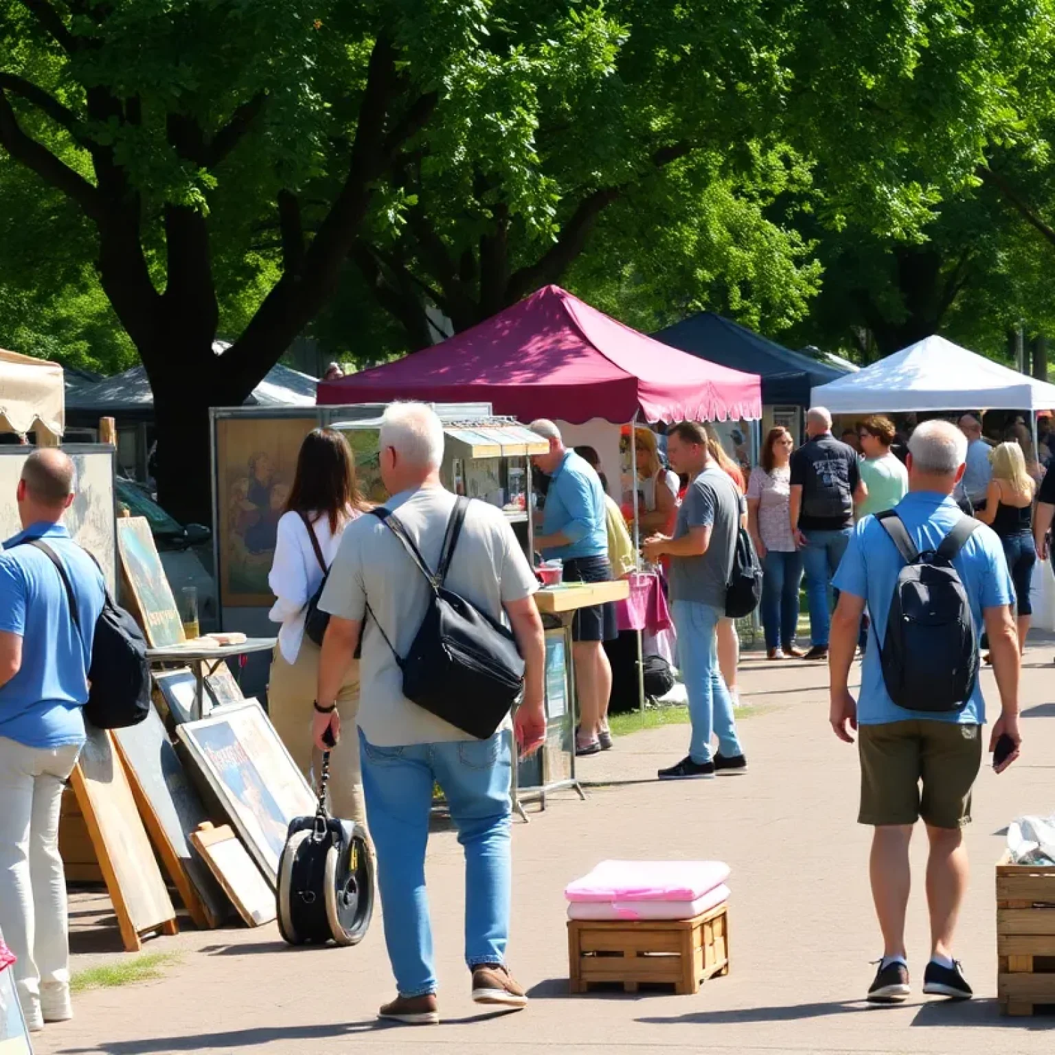 A busy park in St. Petersburg filled with art displays and attendees enjoying the events.