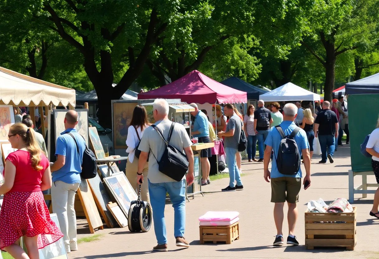 A busy park in St. Petersburg filled with art displays and attendees enjoying the events.