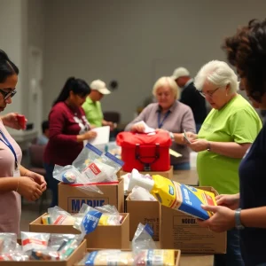 Volunteers assembling emergency kits for elderly residents in preparation for Hurricane Milton.