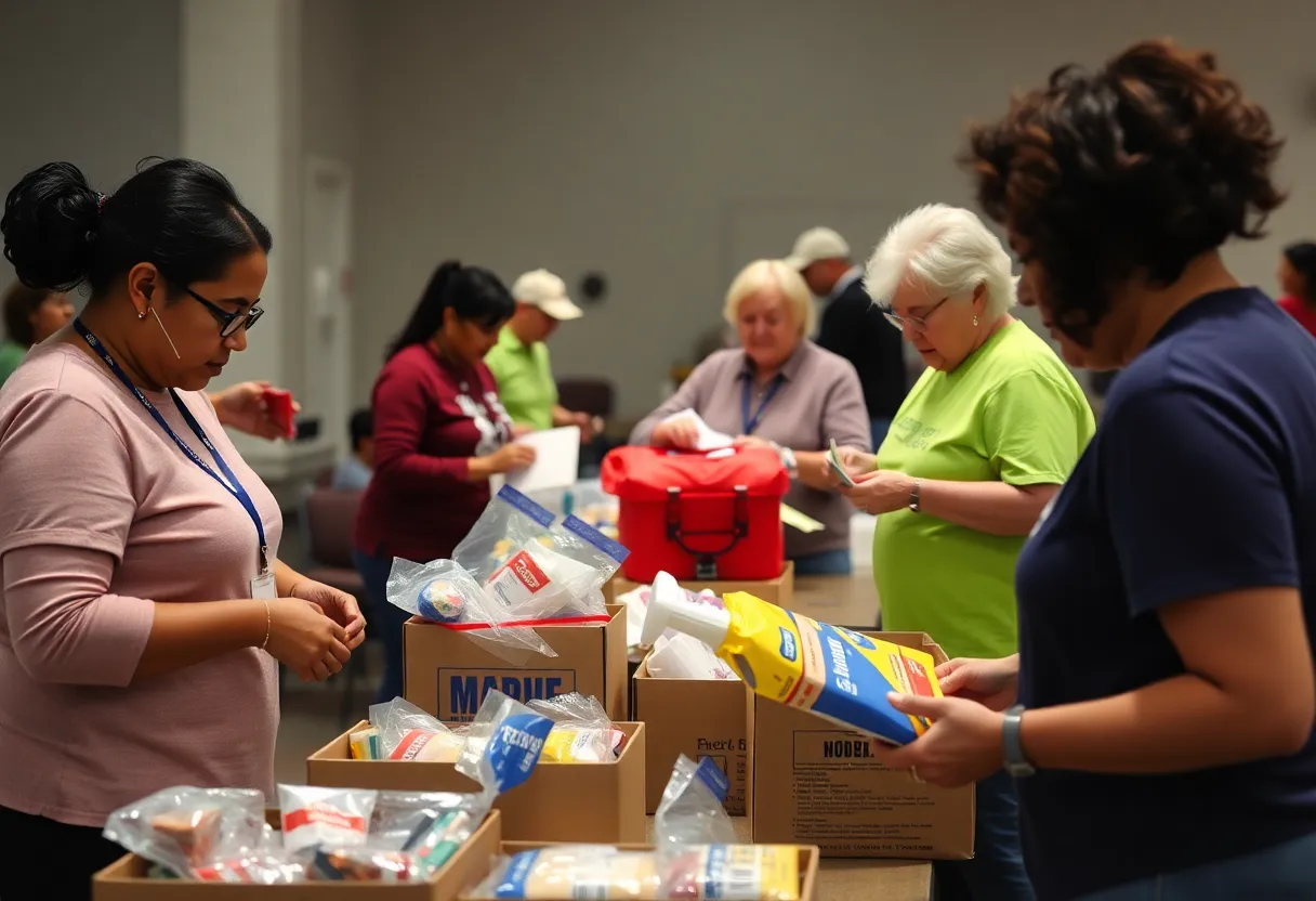 Volunteers assembling emergency kits for elderly residents in preparation for Hurricane Milton.