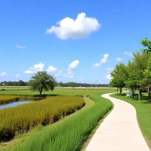 Emerging park with walking paths and green spaces in St. Petersburg