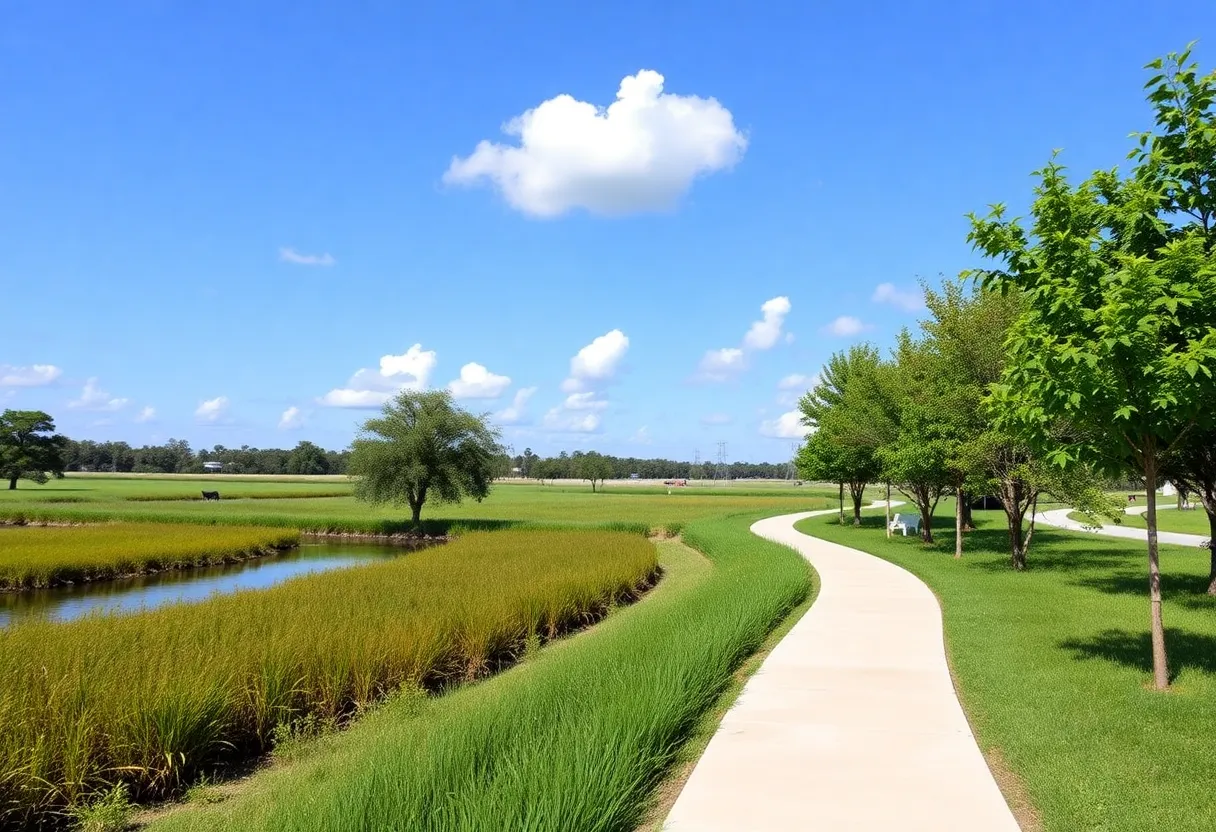 Emerging park with walking paths and green spaces in St. Petersburg