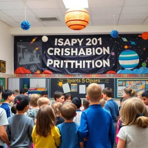 Students celebrating Apollo astronauts at a school event