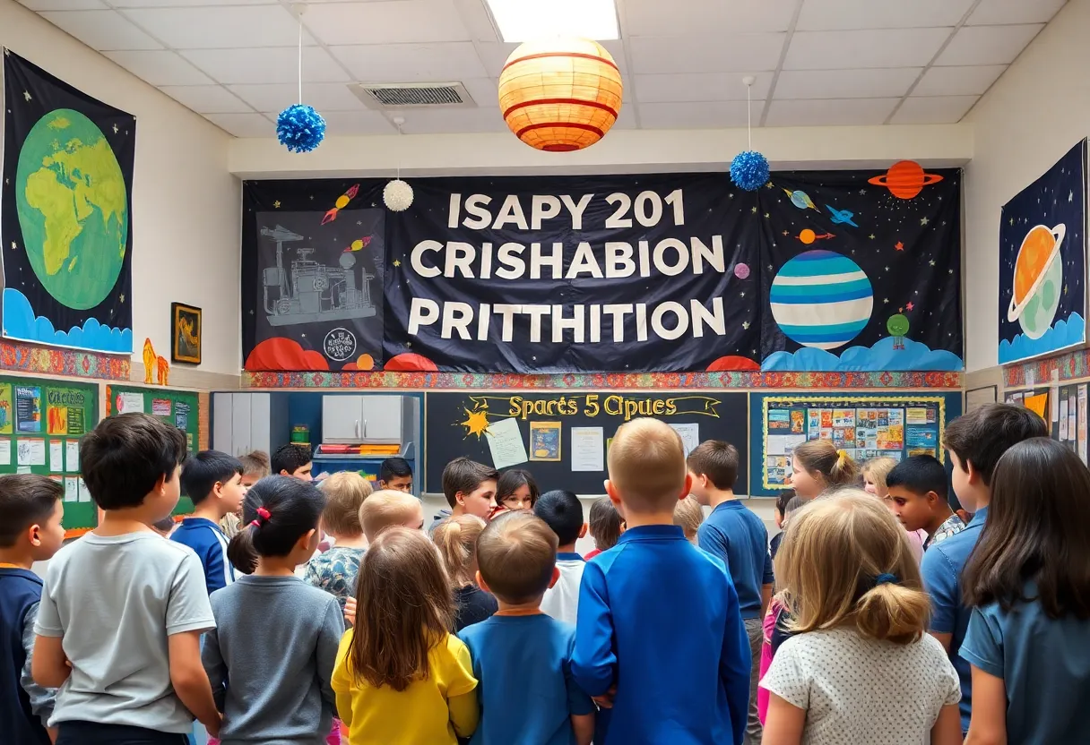 Students celebrating Apollo astronauts at a school event