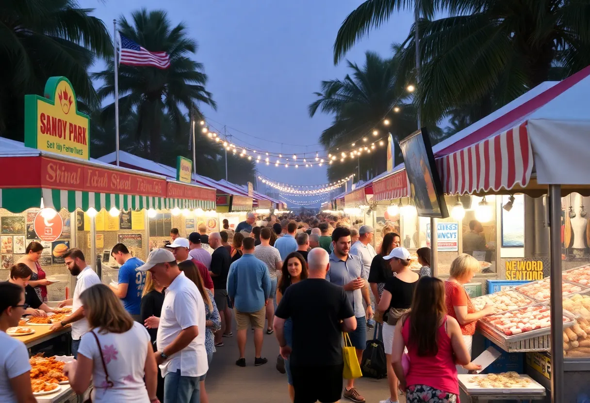 A vibrant scene from the St. Petersburg Seafood Festival showcasing food, music, and community.