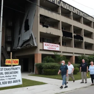 Elderly residents evacuating Lutheran Apartments after fire