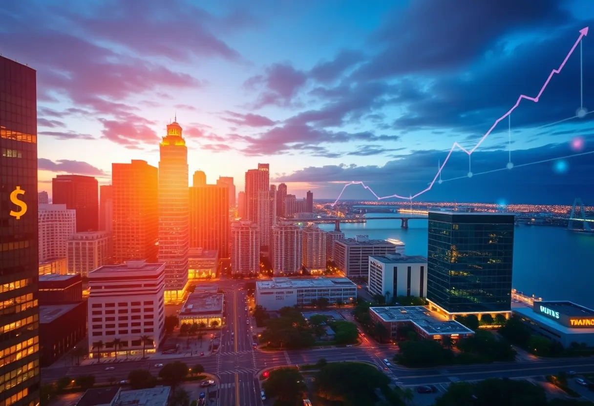 Cityscape of St. Petersburg and Tampa with financial symbols