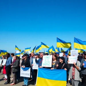 Demonstrators in St. Petersburg showing support for Ukraine with flags and signs.