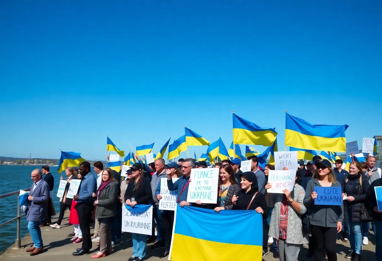 Demonstrators in St. Petersburg showing support for Ukraine with flags and signs.