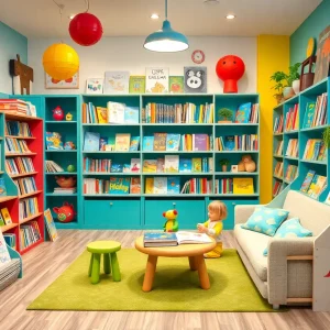 A colorful children's bookstore with shelves of books and cozy reading spaces for kids.