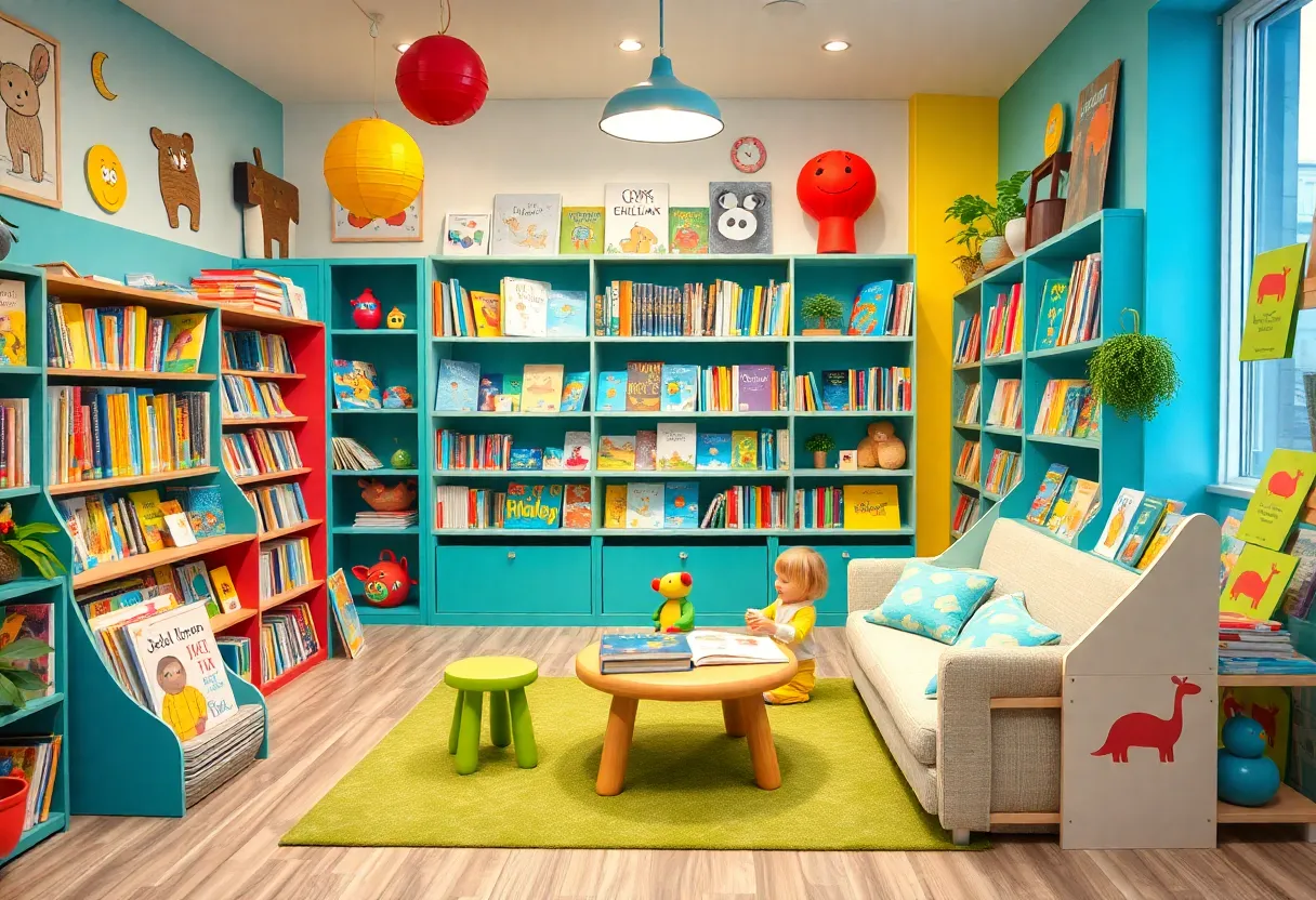 A colorful children's bookstore with shelves of books and cozy reading spaces for kids.