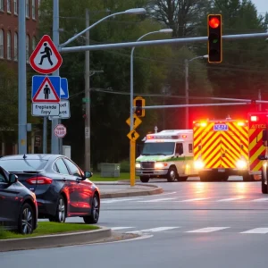 Emergency vehicles at the scene of a traffic accident in St. Petersburg