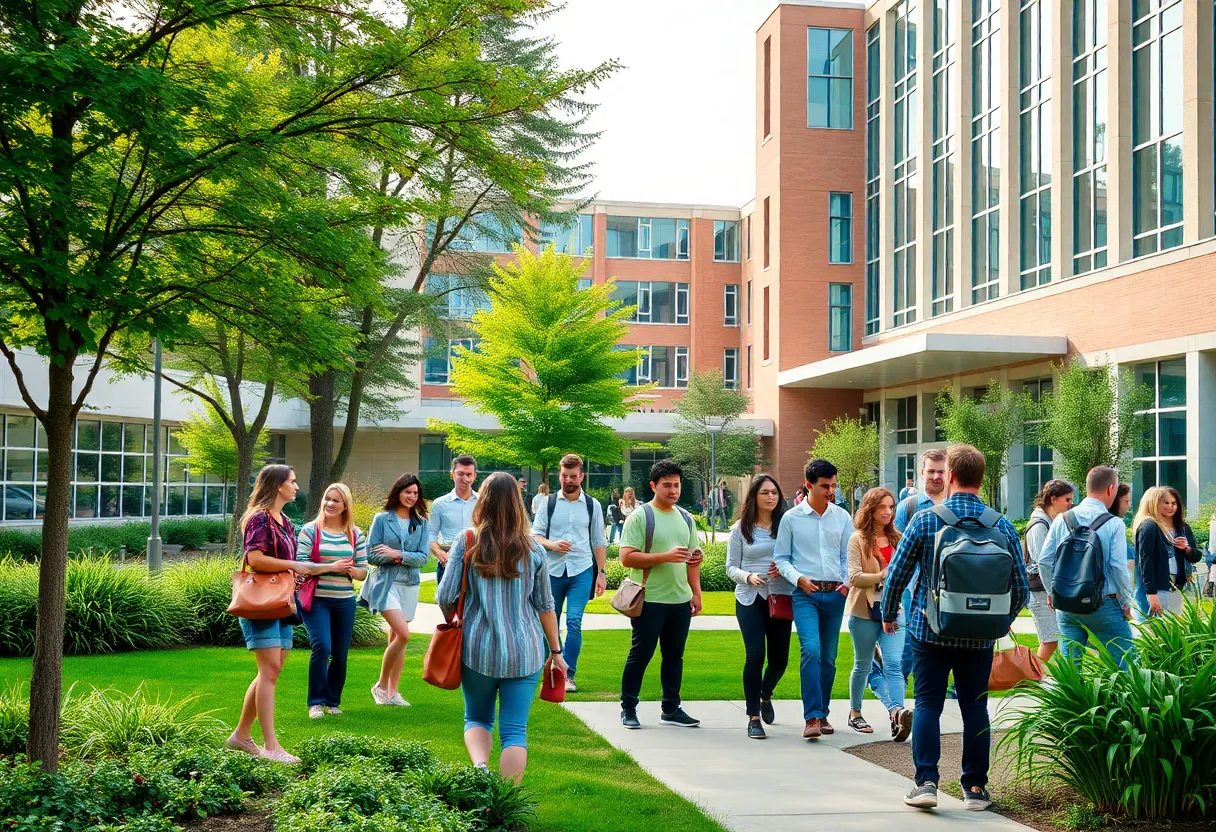 Campus view of University of South Florida with students and faculty