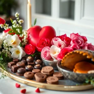 A collection of Valentine's Day gifts including chocolates, flowers, and seafood in St. Petersburg