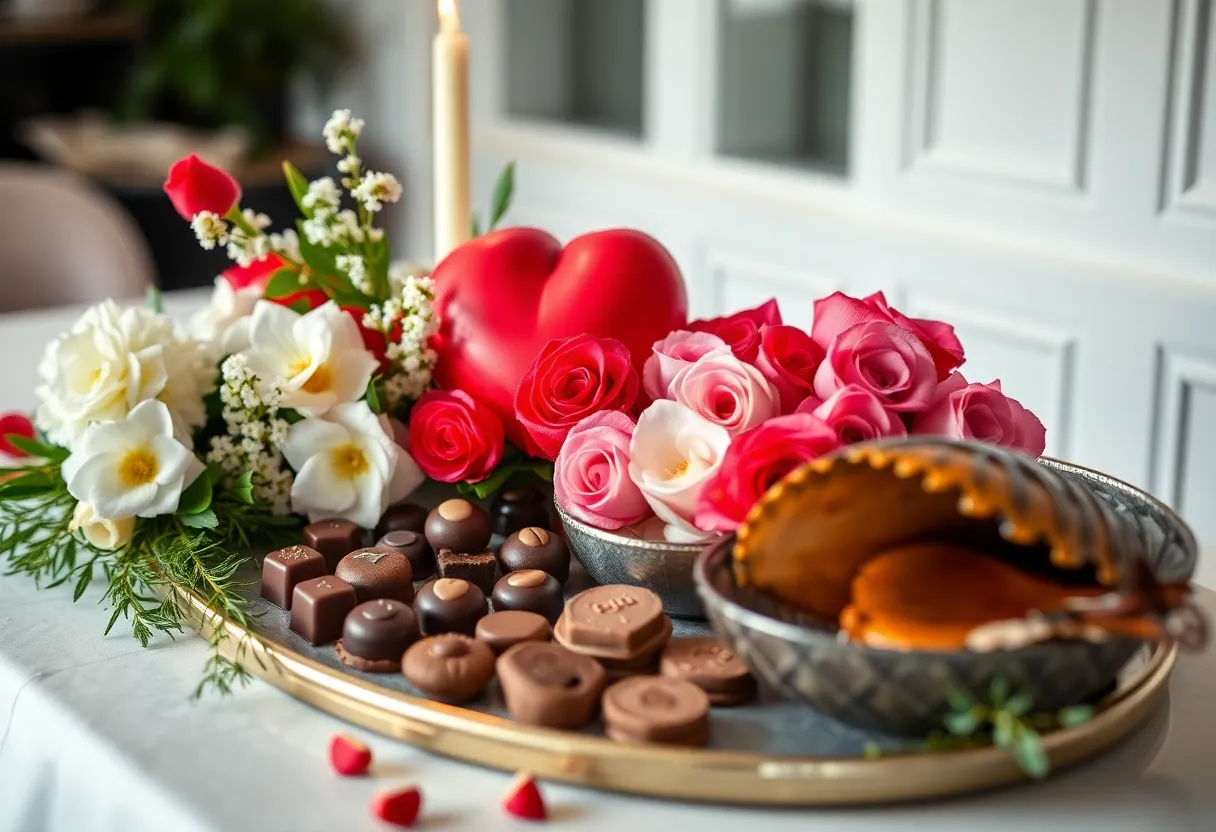 A collection of Valentine's Day gifts including chocolates, flowers, and seafood in St. Petersburg