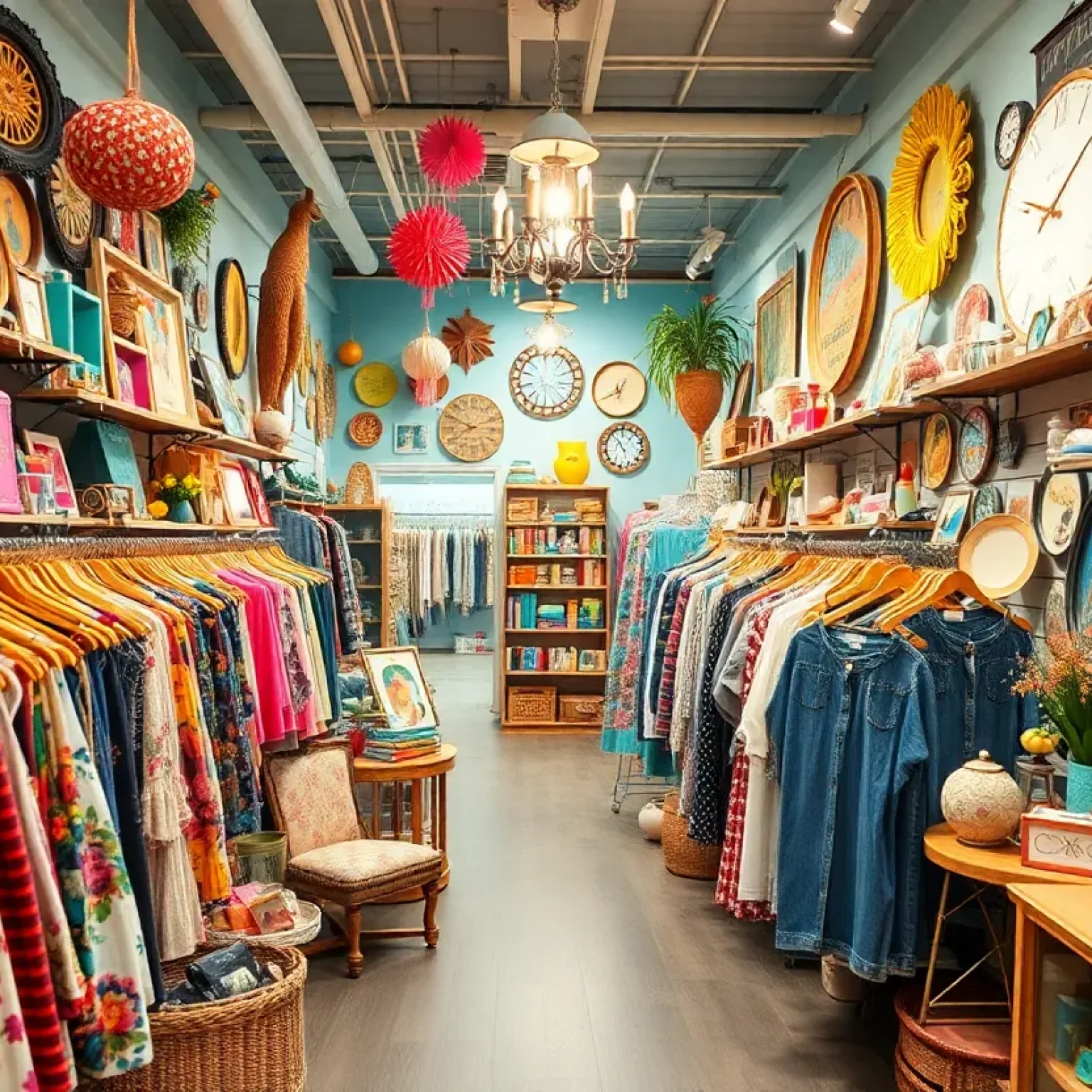 Interior of a vintage shop showcasing eclectic clothing and gifts