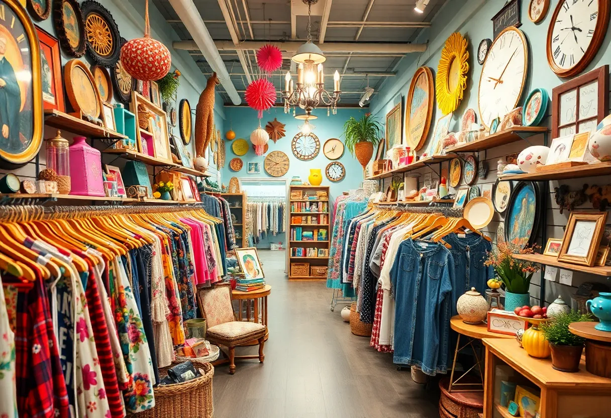 Interior of a vintage shop showcasing eclectic clothing and gifts