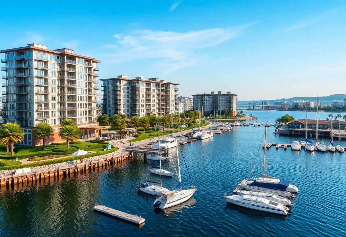 Aerial view of the Waterways Apartments and Marina in North St. Petersburg, Florida.