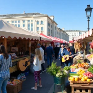 Families enjoying a vibrant market in St. Petersburg with local vendors.