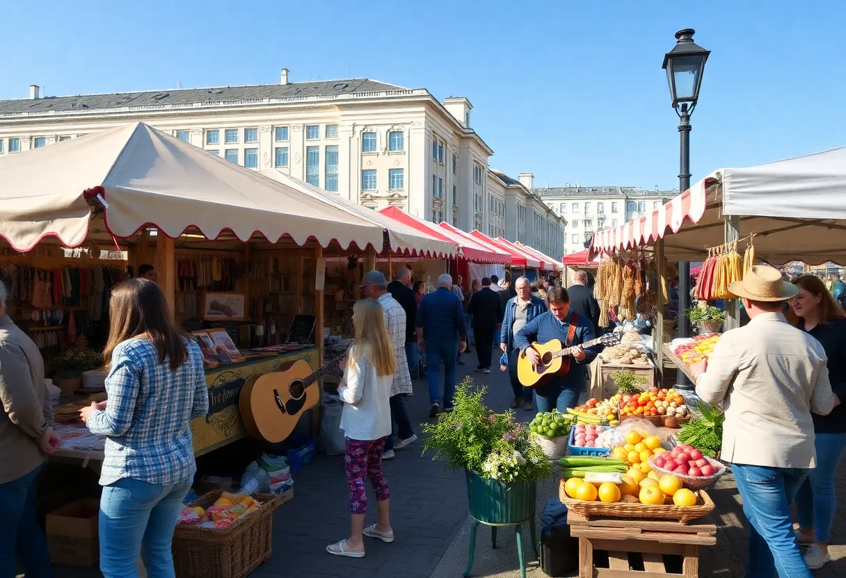 Families enjoying a vibrant market in St. Petersburg with local vendors.