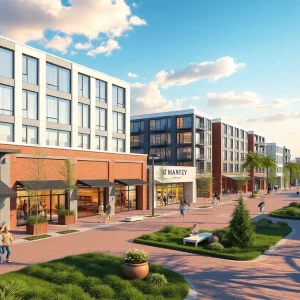 Proposed rendering of Whitney Village in St. Petersburg featuring apartments and commercial spaces.